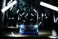 Car Subaru Forester stand in forest, concept lights at night