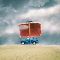 Car with a suitcase in the desert. Abstract travel concept. Square orientation