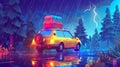 A car with suitcases on it drives on a road in the rain at night. Coniferous forest landscape, highway, car with luggage Royalty Free Stock Photo