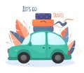 A car with suitcases on the roof goes on a trip. Vector illustration in cartoon flat style. Lettering.