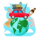 Car with suitcases on the roof travels around the planet earth, on a white.