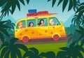 Car summer trip vector illustration. Happy people on summer holidays