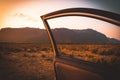 In car. Summer vacation and travel, romantic road trip mountain st sunset beautiful landscape Royalty Free Stock Photo