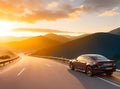 Car on the sunrise highway. Freedom, travel concept