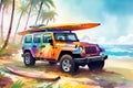 Car suv watercolor beach surfing. Generate Ai Royalty Free Stock Photo