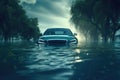 Car swamped in flood water. Generative AI