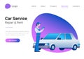 Car Technical Service, Diagnostic, Repair and Rent Flat style vector illustration landing page banner. Mechanic standing near car