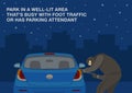 Unsafe parking at night. Park in a well-lit area that\'s busy with foot traffic. Car and thief with a robber mask.