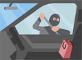 Car thief trying to break into a car with shopping bag, view from inside car flat illustration editable vector Royalty Free Stock Photo