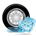 Car tire with blue sponge and water trace Royalty Free Stock Photo