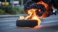 A car tire burns intensely on the side of a road emitting thick black smoke Royalty Free Stock Photo