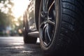 Car tire close up, parked car low angle shot AI generated