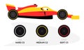 Car, tire compounds race. Formula 1 sports car side view. Hard, medium, soft wheels. Driving in race. Types of tyres