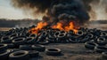 Car tire dump, tire storage yard fire, black smoke rising from the dump Royalty Free Stock Photo