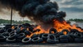 Car tire dump, tire storage yard fire, black smoke rising from the dump Royalty Free Stock Photo