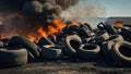 Car tire dump, tire storage yard fire, black smoke rising from the dump Royalty Free Stock Photo