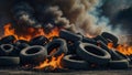 Car tire dump, tire storage yard fire, black smoke rising from the dump Royalty Free Stock Photo