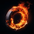 Car tire in fire. Burning car wheel, concept of speed,car racing, fast car service. Burnt tires, burning tires for protest,