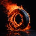 Car tire in fire. Burning car wheel, concept of speed,car racing, fast car service. Burnt tires, burning tires for protest,