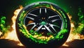 Car tire with green flame.