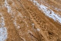 Car Tire Marks on an Empty Field Covered With Snow, closeup view - Cloudy Day Royalty Free Stock Photo