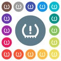 Car tire pressure warning indicator flat white icons on round color backgrounds