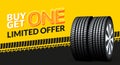 Car tire sale banner, buy 1 get 1 free. Car tyre service flyer promo background. Tire sale advertising