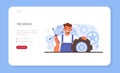 Car tire service web banner or landing page. Worker changing a tire