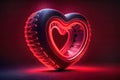 A car tire in the shape of a red glowing heart. A concept about love and passion for cars and auto tuning