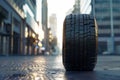 car tire standing upright, detailed texture of the rubber, modern urban backdrop Royalty Free Stock Photo