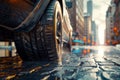 car tire standing upright, detailed texture of the rubber, modern urban backdrop Royalty Free Stock Photo