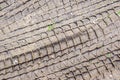 Car tire tread pattern prints in the mud, wheel protector marks texture, tyre tracks in the mud Royalty Free Stock Photo