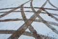 Car tire wheel tracks on the snow