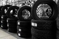 Car tires and alloy wheels in automobile center