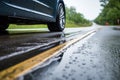 car tires with ample tread depth on a slick, rainy road