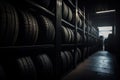 car tires arranged neatly on a warehouse shelf Royalty Free Stock Photo