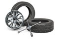 Car tires and rim with lug wrench. Tire Fitting service concept, 3D rendering