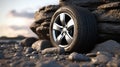 car tires on rock background, ai generated Royalty Free Stock Photo