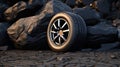 car tires on rock background, ai generated Royalty Free Stock Photo