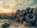 Car Tires Stacked in a Warehouse at Sunset. Generative ai