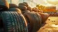 Car Tires Stacked in a Warehouse at Sunset. Generative ai
