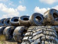 Car Tires Stacked in a Warehouse at Sunset. Generative ai