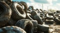 Car Tires Stacked in a Warehouse at Sunset. Generative ai