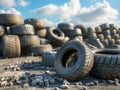 Car Tires Stacked in a Warehouse at Sunset. Generative ai