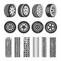 Car tires and track traces vector isolated icons of tire