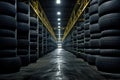 Car tires in a warehouse. 3d rendering toned image, Car tires at warehouse, AI Generated