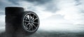 Car tires on a wet foggy road Royalty Free Stock Photo