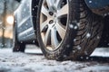 Car tires in winter on the road covered with snow. Generative AI