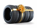 Car tires wrapped in a gift ribbon with a bow 3D