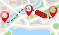 Car with top view on city map and red pins. Car moving on dotted line trail. Flat Vector illustration. Royalty Free Stock Photo